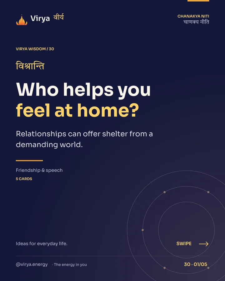 Virya Chanakya Niti 30. Who helps you feel at home?. Relationships can offer shelter from a demanding world. Indigo background, gold accents, Sora typography, and the full lotus logo.