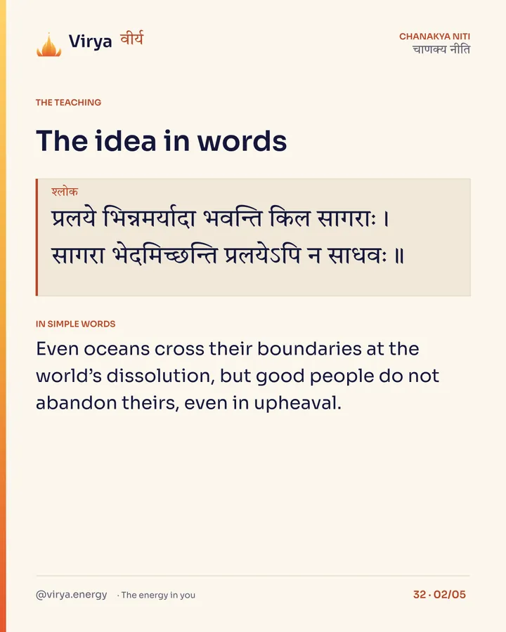 Shloka: प्रलये भिन्नमर्यादा भवन्ति किल सागराः।
सागरा भेदमिच्छन्ति प्रलयेऽपि न साधवः॥ In simple words: Even oceans cross their boundaries at the world’s dissolution, but good people do not abandon theirs, even in upheaval.