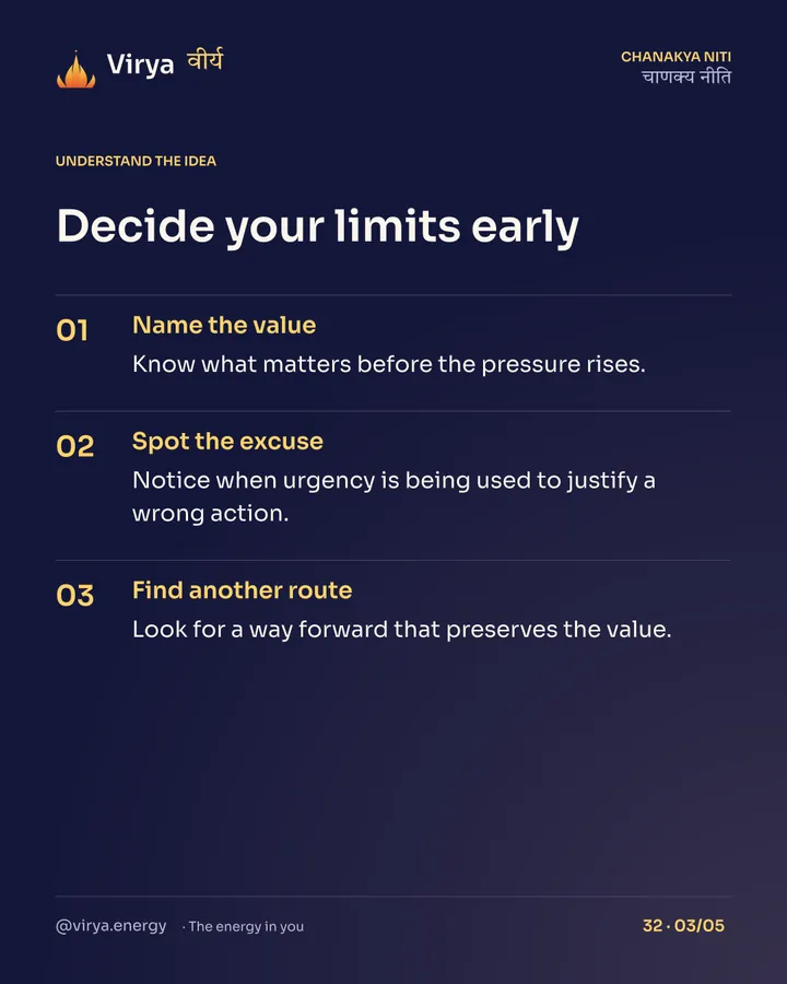 Decide your limits early. Name the value: Know what matters before the pressure rises. Spot the excuse: Notice when urgency is being used to justify a wrong action. Find another route: Look for a way forward that preserves the value.