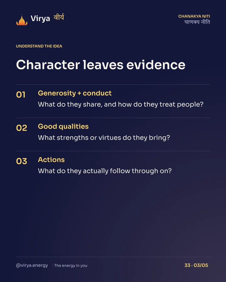 Character leaves evidence. Generosity + conduct: What do they share, and how do they treat people? Good qualities: What strengths or virtues do they bring? Actions: What do they actually follow through on?