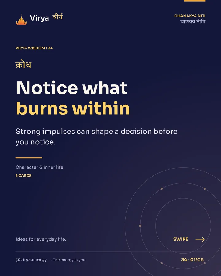Virya Chanakya Niti 34. Notice what burns within. Strong impulses can shape a decision before you notice. Indigo background, gold accents, Sora typography, and the full lotus logo.