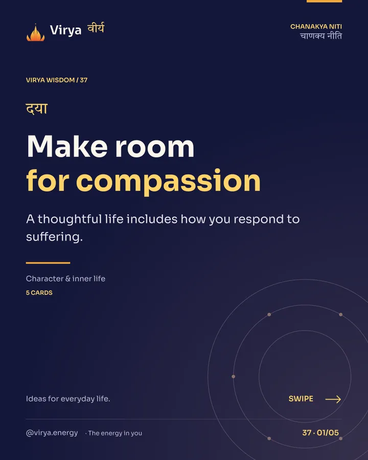 Virya Chanakya Niti 37. Make room for compassion. A thoughtful life includes how you respond to suffering. Indigo background, gold accents, Sora typography, and the full lotus logo.