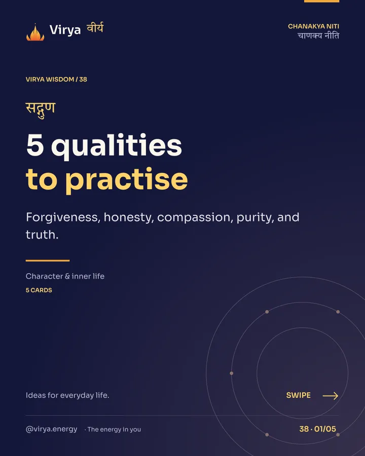 Virya Chanakya Niti 38. 5 qualities to practice. Forgiveness, honesty, compassion, purity, and truth. Indigo background, gold accents, Sora typography, and the full lotus logo.