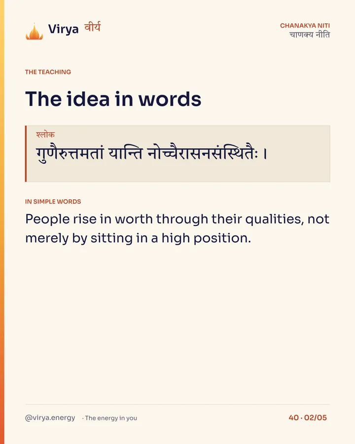 Shloka: गुणैरुत्तमतां यान्ति नोच्चैरासनसंस्थितैः। In simple words: People rise in worth through their qualities, not merely by sitting in a high position.
