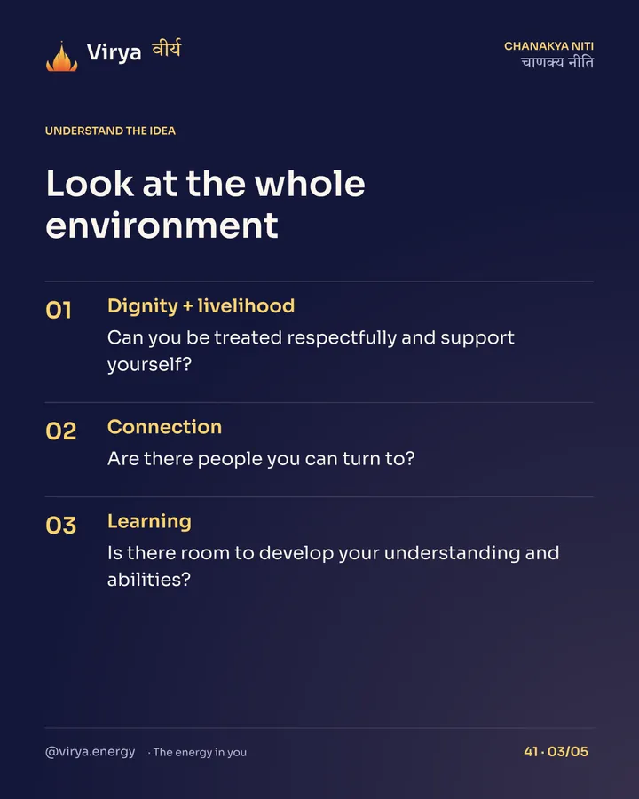 Look at the whole environment. Dignity + livelihood: Can you be treated respectfully and support yourself? Connection: Are there people you can turn to? Learning: Is there room to develop your understanding and abilities?