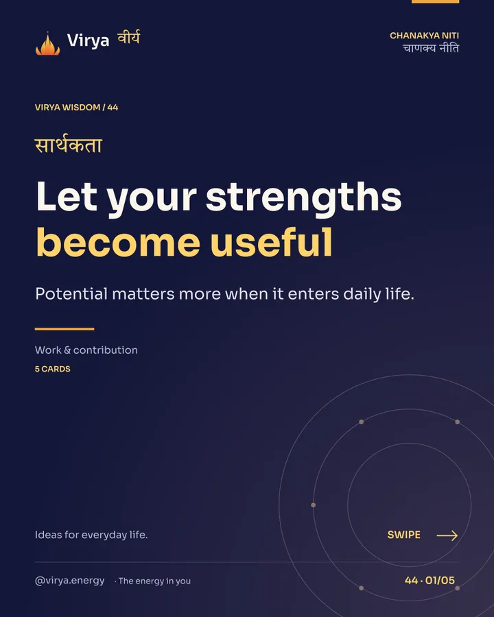 Virya Chanakya Niti 44. Let your strengths become useful. Potential matters more when it enters daily life. Indigo background, gold accents, Sora typography, and the full lotus logo.