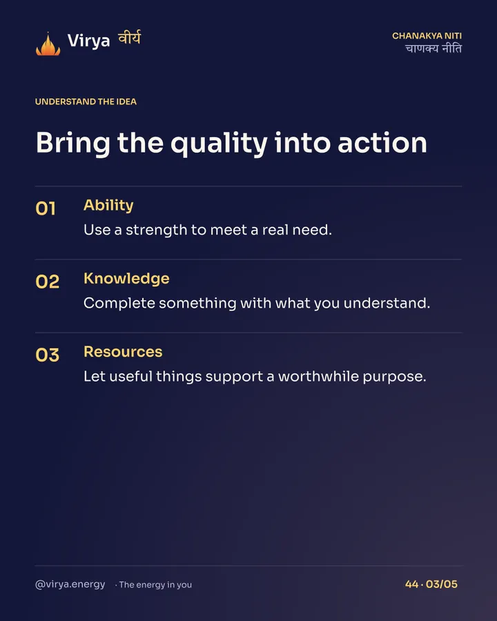 Bring the quality into action. Ability: Use a strength to meet a real need. Knowledge: Complete something with what you understand. Resources: Let useful things support a worthwhile purpose.
