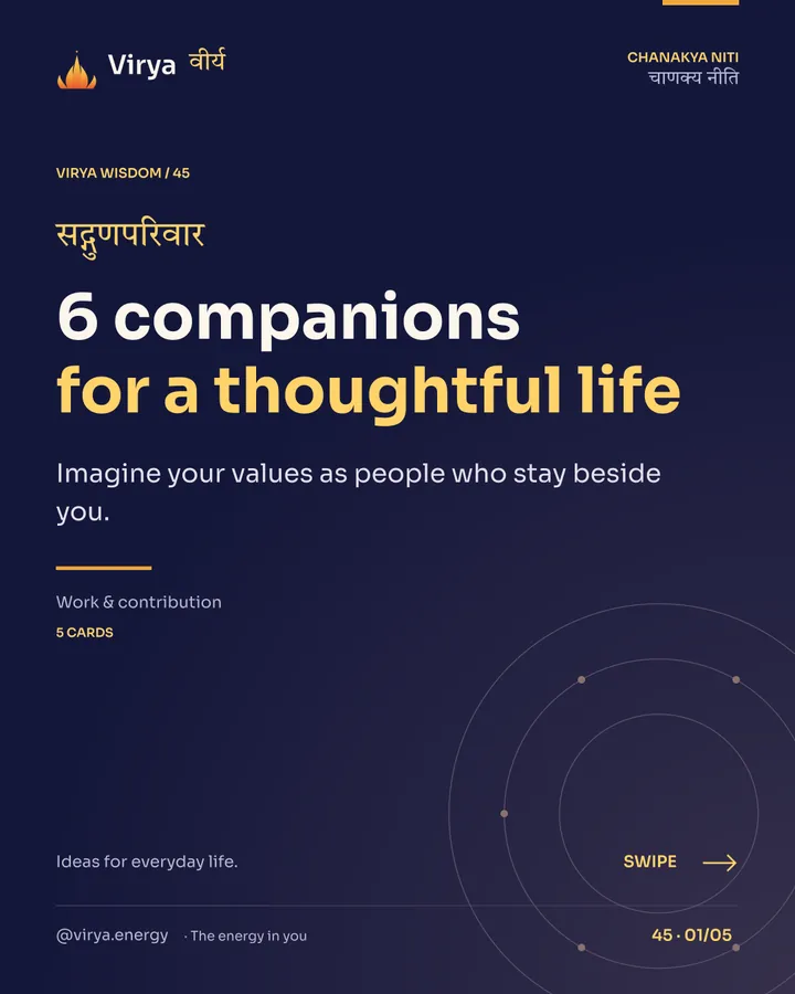 Virya Chanakya Niti 45. 6 companions for a thoughtful life. Imagine your values as people who stay beside you. Indigo background, gold accents, Sora typography, and the full lotus logo.