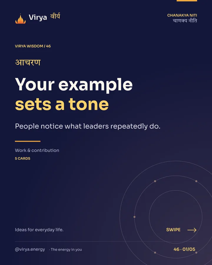 Virya Chanakya Niti 46. Your example sets a tone. People notice what leaders repeatedly do. Indigo background, gold accents, Sora typography, and the full lotus logo.