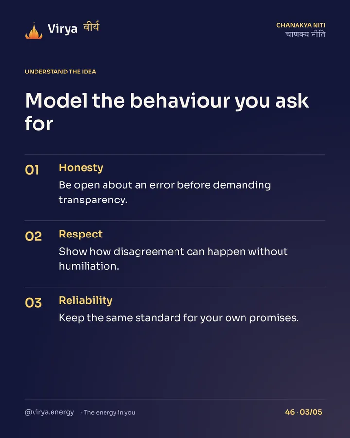 Model the behavior you ask for. Honesty: Be open about an error before demanding transparency. Respect: Show how disagreement can happen without humiliation. Reliability: Keep the same standard for your own promises.
