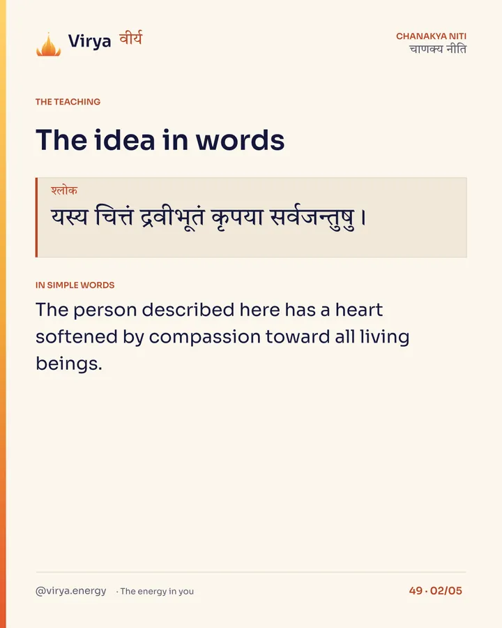 Shloka: यस्य चित्तं द्रवीभूतं कृपया सर्वजन्तुषु। In simple words: The person described here has a heart softened by compassion toward all living beings.