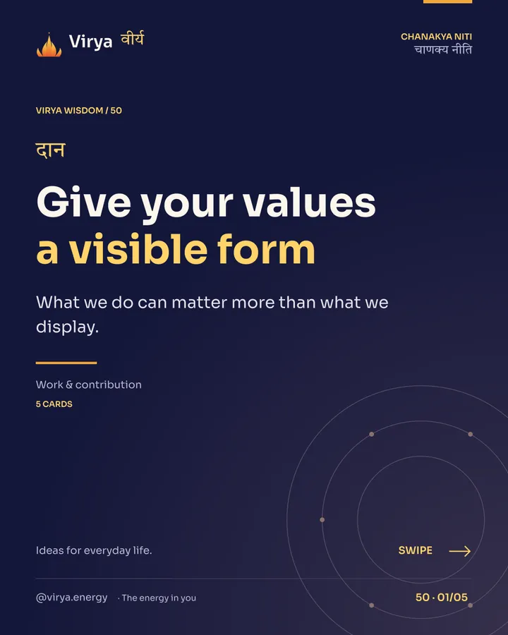 Virya Chanakya Niti 50. Give your values a visible form. What we do can matter more than what we display. Indigo background, gold accents, Sora typography, and the full lotus logo.