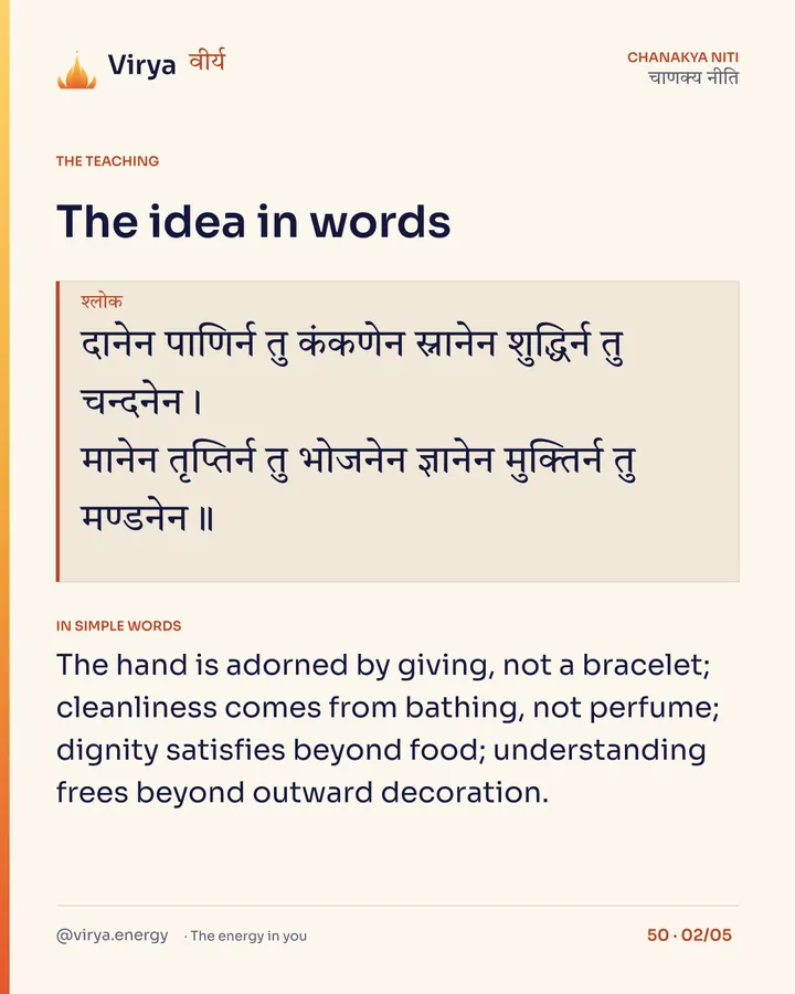 Shloka: दानेन पाणिर्न तु कंकणेन स्नानेन शुद्धिर्न तु चन्दनेन।
मानेन तृप्तिर्न तु भोजनेन ज्ञानेन मुक्तिर्न तु मण्डनेन॥ In simple words: The hand is adorned by giving, not a bracelet; cleanliness comes from bathing, not perfume; dignity satisfies beyond food; understanding frees beyond outward decoration.