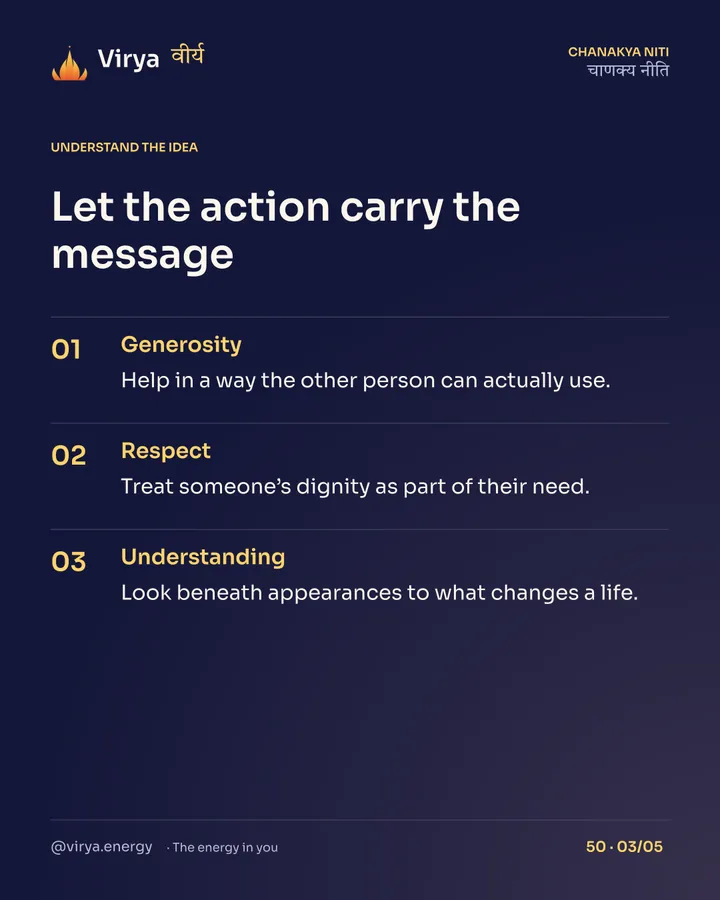 Let the action carry the message. Generosity: Help in a way the other person can actually use. Respect: Treat someone’s dignity as part of their need. Understanding: Look beneath appearances to what changes a life.