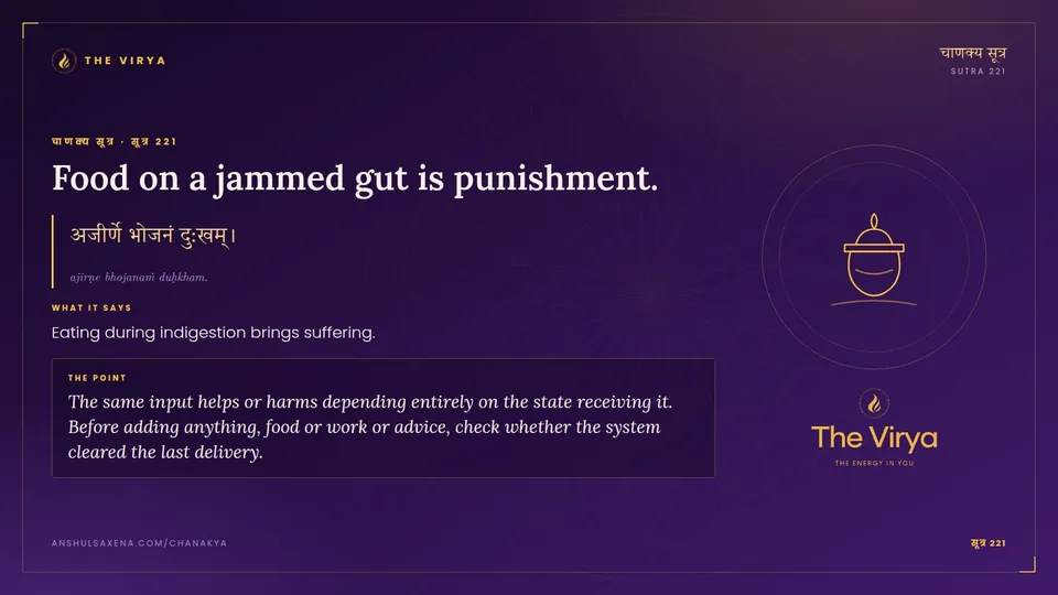 सूत्र 221, Food on a jammed gut is punishment.: Food on a jammed gut is punishment
