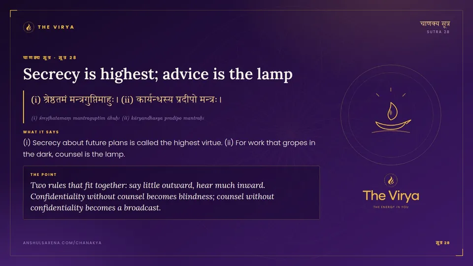 सूत्र 28, Secrecy is highest; advice is the lamp: Secrecy is highest; advice is the lamp