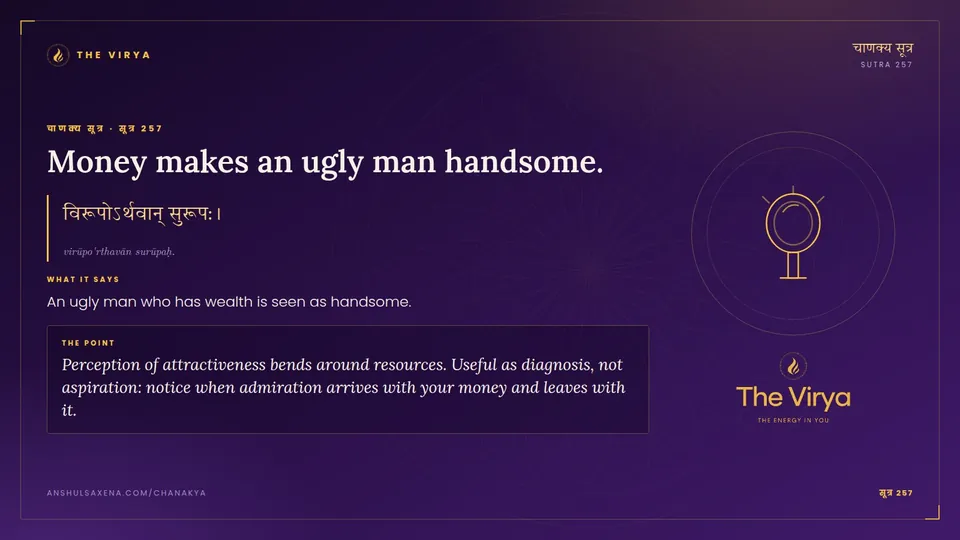 सूत्र 257, Money makes an ugly man handsome.: Money makes an ugly man handsome