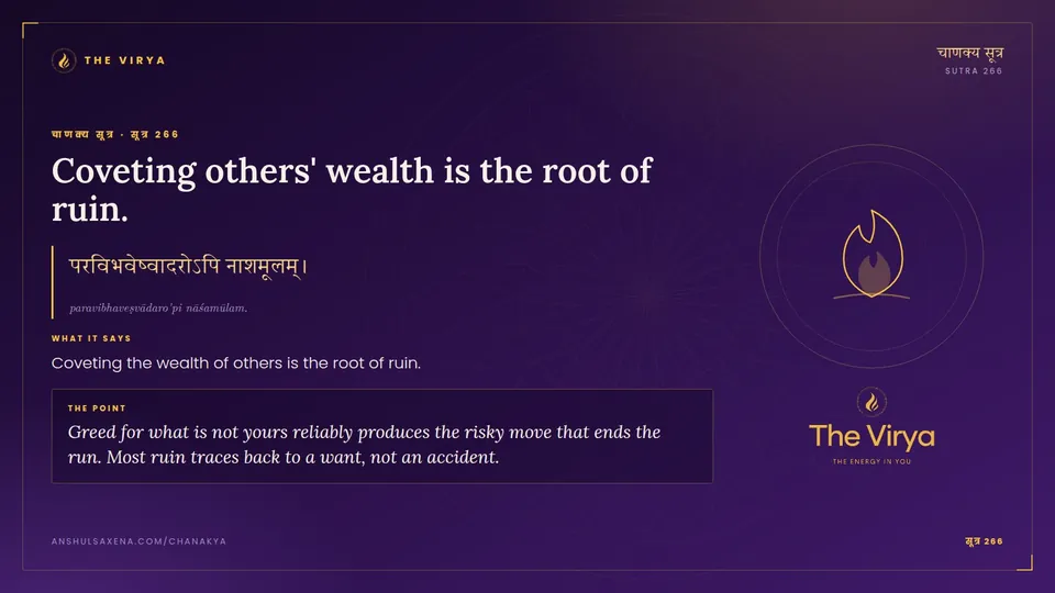 सूत्र 266, Coveting others' wealth is the root of ruin.: Coveting others' wealth is the root of ruin