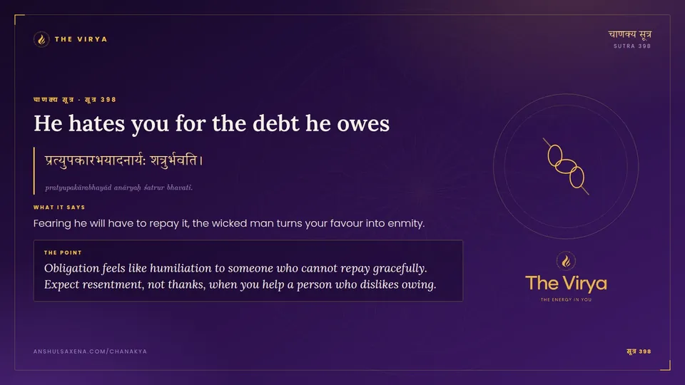 सूत्र 398, He hates you for the debt he owes: He hates you for the debt he owes