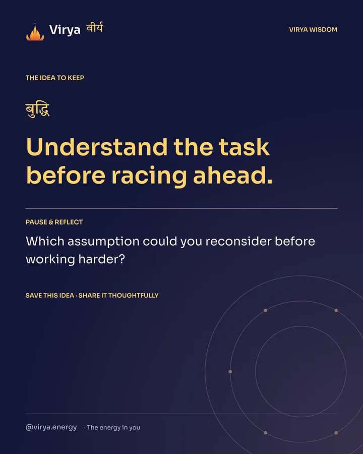 Indigo Virya closing card. Understand the task before racing ahead. Reflection question: Which assumption could you reconsider before working harder?