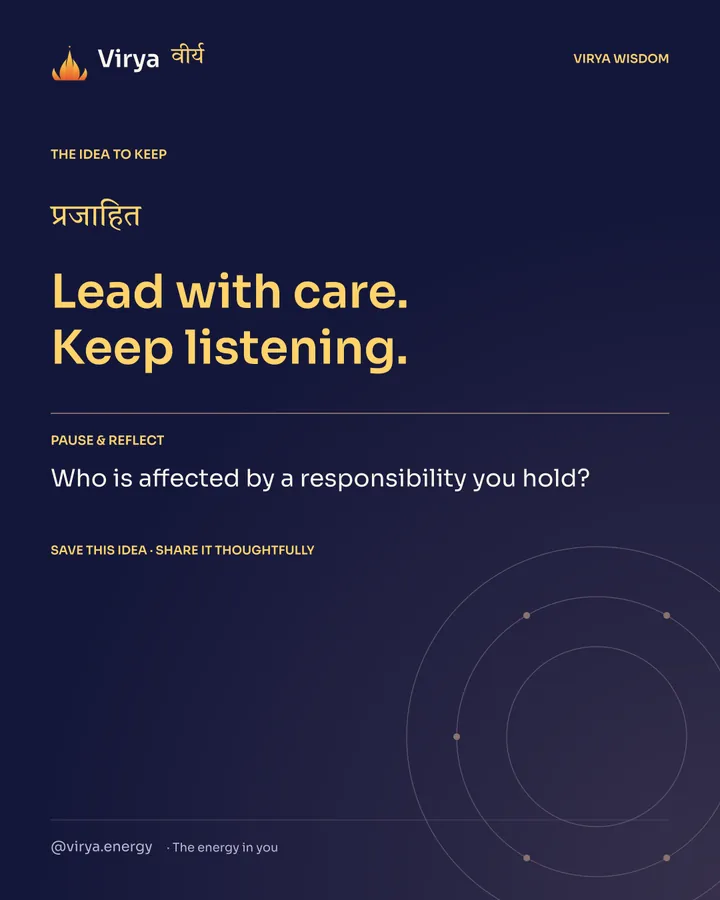 Indigo Virya closing card. Lead with care. Keep listening. Reflection question: Who is affected by a responsibility you hold?