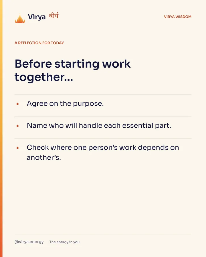 Ivory Virya card, a reflection for today. Before starting work together… Agree on the purpose. Name who will handle each essential part. Check where one person’s work depends on another’s.