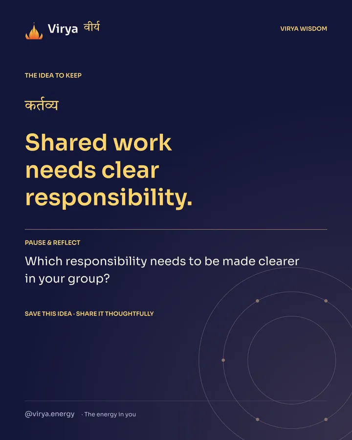 Indigo Virya closing card. Shared work needs clear responsibility. Reflection question: Which responsibility needs to be made clearer in your group?