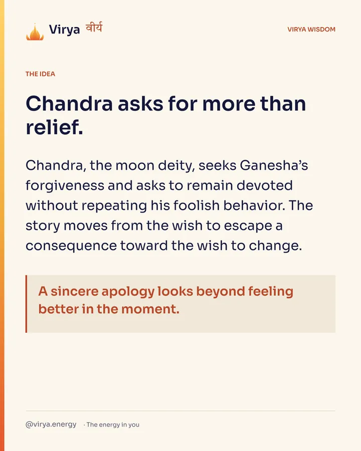 Chandra asks for more than relief. Chandra, the moon deity, seeks Ganesha’s forgiveness and asks to remain devoted without repeating his foolish behavior. The story moves from the wish to escape a consequence toward the wish to change. A sincere apology looks beyond feeling better in the moment.