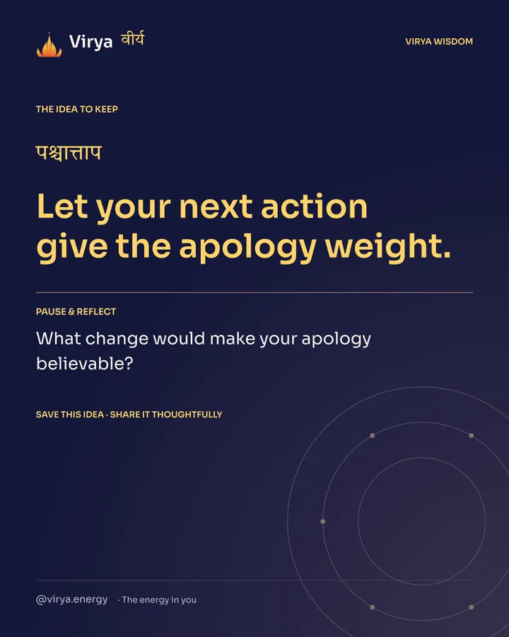 Indigo Virya closing card. Let your next action give the apology weight. Reflection question: What change would make your apology believable?