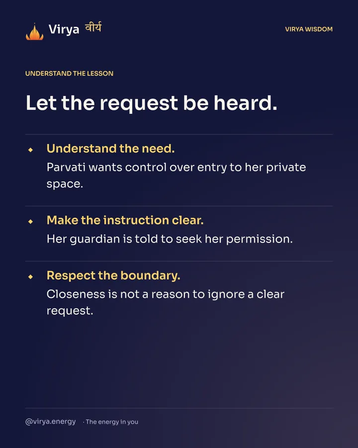 Let the request be heard. Understand the need. Parvati wants control over entry to her private space. Make the instruction clear. Her guardian is told to seek her permission. Respect the boundary. Closeness is not a reason to ignore a clear request.