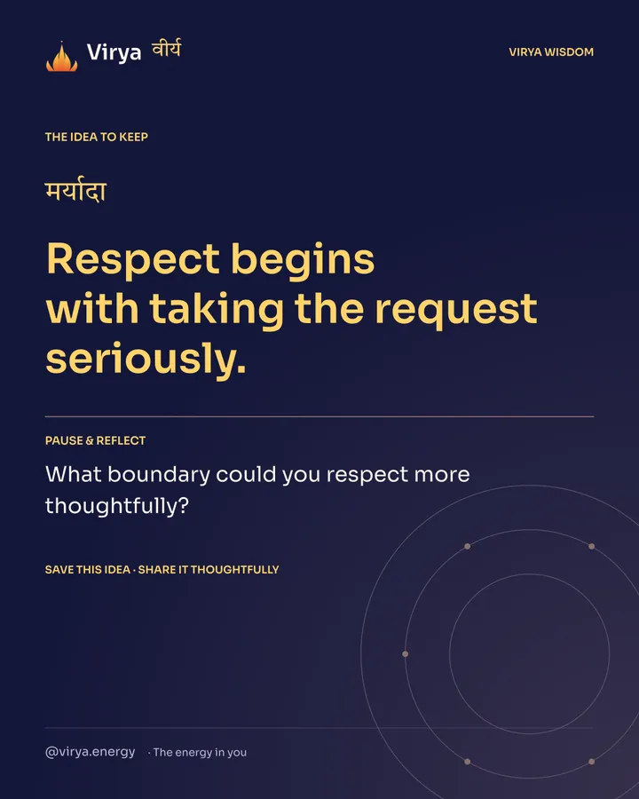 Indigo Virya closing card. Respect begins with taking the request seriously. Reflection question: What boundary could you respect more thoughtfully?