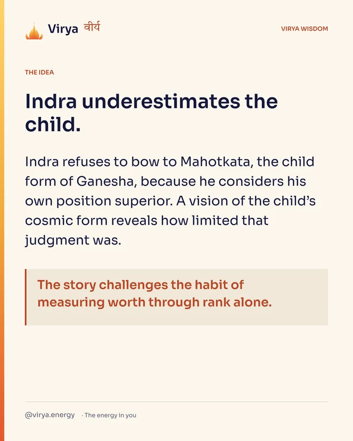 Indra underestimates the child. Indra refuses to bow to Mahotkata, the child form of Ganesha, because he considers his own position superior. A vision of the child’s cosmic form reveals how limited that judgment was. The story challenges the habit of measuring worth through rank alone.