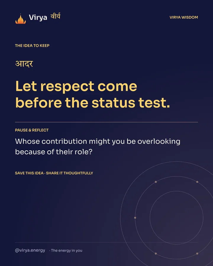 Indigo Virya closing card. Let respect come before the status test. Reflection question: Whose contribution might you be overlooking because of their role?
