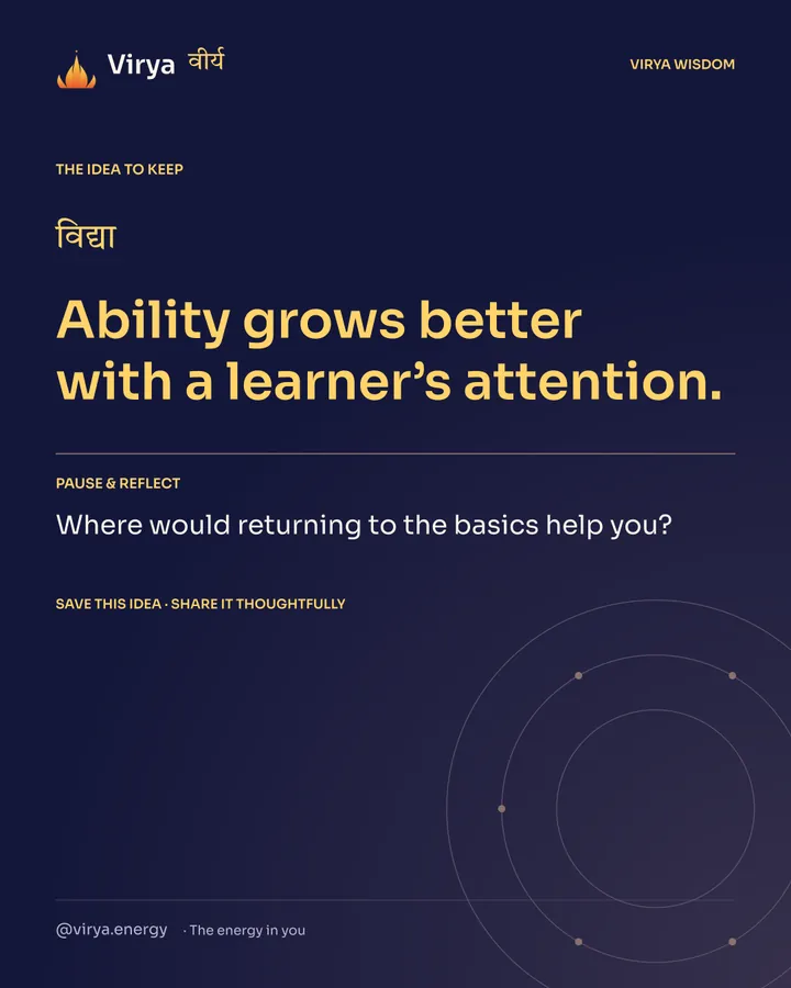 Indigo Virya closing card. Ability grows better with a learner’s attention. Reflection question: Where would returning to the basics help you?