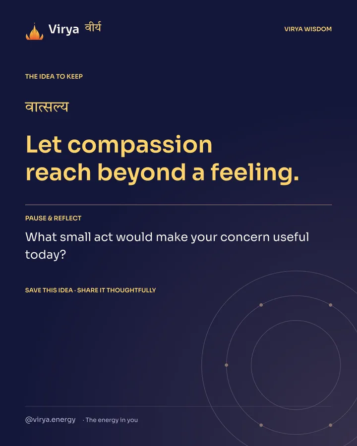 Indigo Virya closing card. Let compassion reach beyond a feeling. Reflection question: What small act would make your concern useful today?