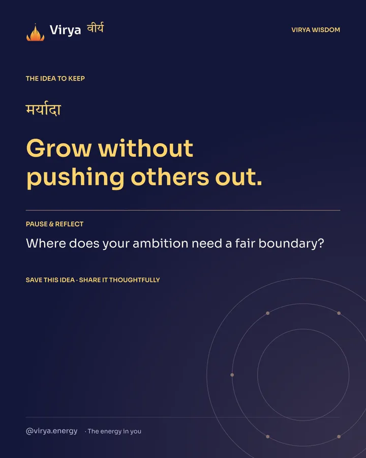 Indigo Virya closing card. Grow without pushing others out. Reflection question: Where does your ambition need a fair boundary?