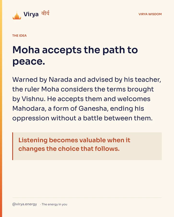 Moha accepts the path to peace. Warned by Narada and advised by his teacher, the ruler Moha considers the terms brought by Vishnu. He accepts them and welcomes Mahodara, a form of Ganesha, ending his oppression without a battle between them. Listening becomes valuable when it changes the choice that follows.