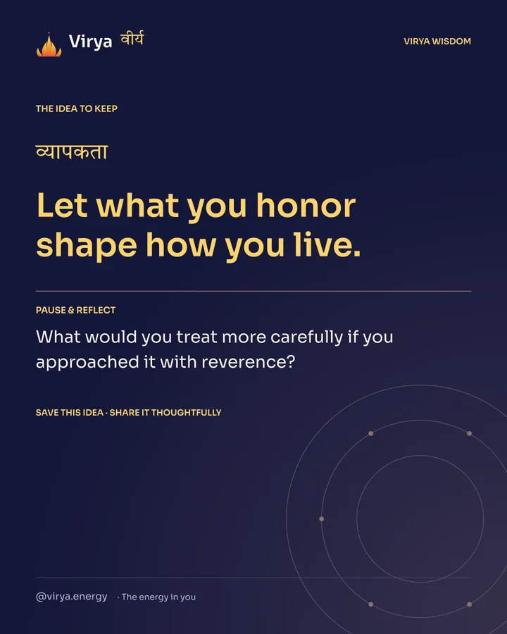 Indigo Virya closing card. Let what you honor shape how you live. Reflection question: What would you treat more carefully if you approached it with reverence?