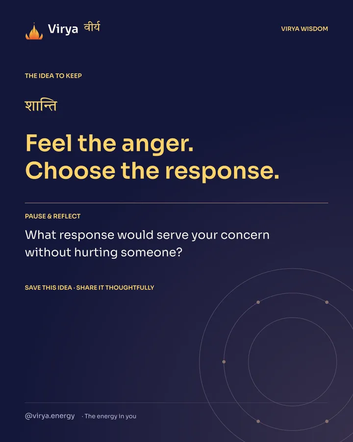 Indigo Virya closing card. Feel the anger. Choose the response. Reflection question: What response would serve your concern without hurting someone?