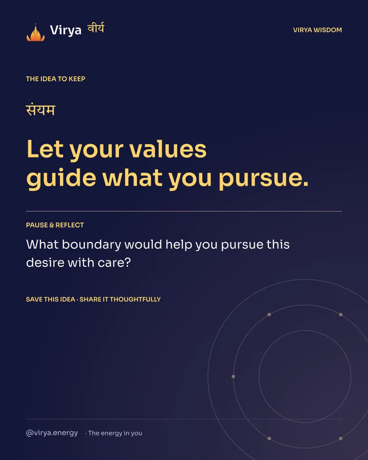 Indigo Virya closing card. Let your values guide what you pursue. Reflection question: What boundary would help you pursue this desire with care?
