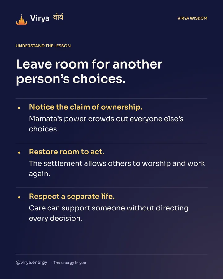 Leave room for another person’s choices. Notice the claim of ownership. Mamata’s power crowds out everyone else’s choices. Restore room to act. The settlement allows others to worship and work again. Respect a separate life. Care can support someone without directing every decision.