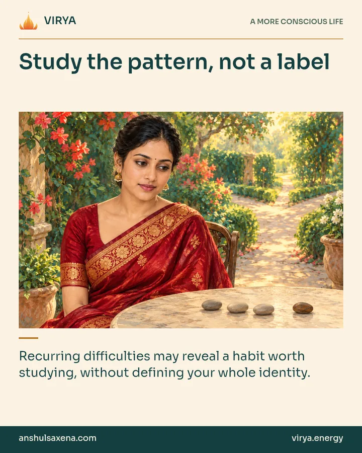 Painting of the recurring young adult Indian woman in an embroidered silk saree, illustrating chief feature. Study the pattern, not a label. Recurring difficulties may reveal a habit worth studying, without defining your whole identity.