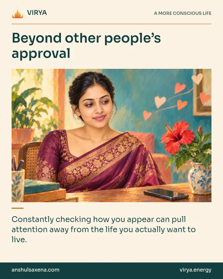 Painting of the recurring young adult Indian woman in an embroidered silk saree, illustrating inner considering. Beyond other people’s approval. Constantly checking how you appear can pull attention away from the life you actually want to live.