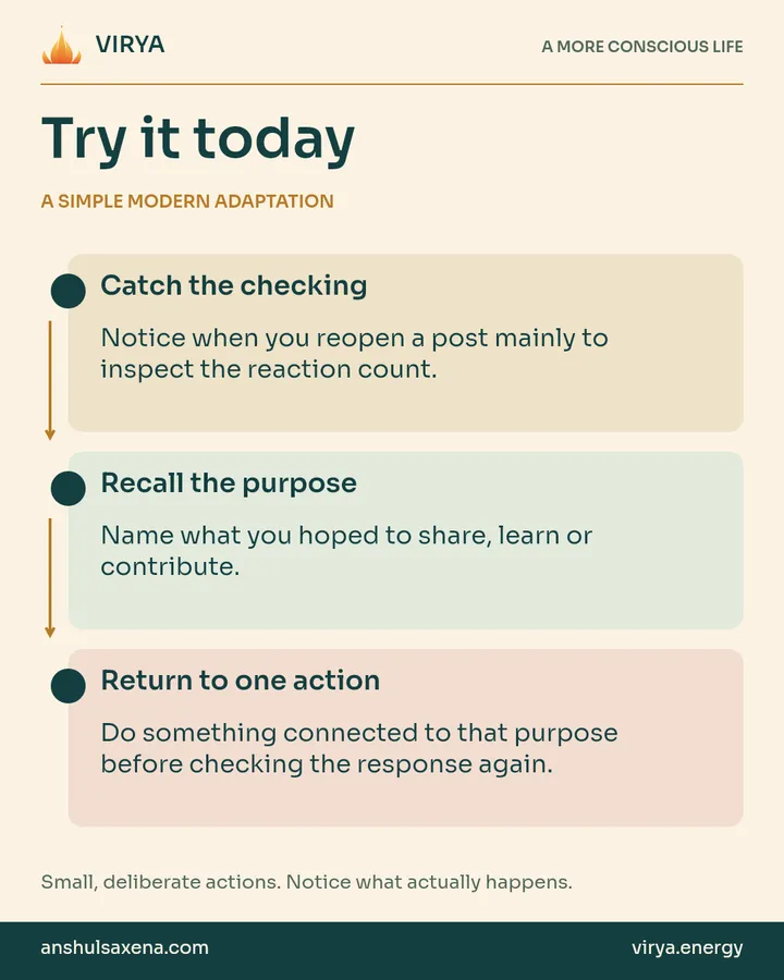 A vertical three-step practice connected by arrows. A simple modern adaptation. Catch the checking: Notice when you reopen a post mainly to inspect the reaction count.