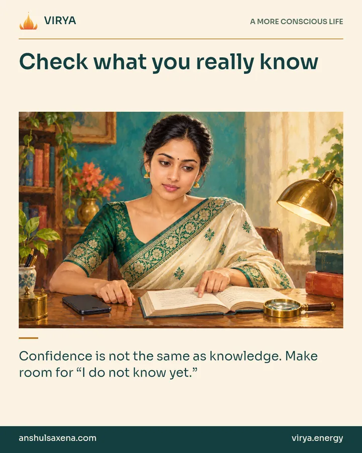 Painting of the recurring young adult Indian woman in an embroidered silk saree, illustrating speaking beyond your knowledge. Check what you really know. Confidence is not the same as knowledge. Make room for “I do not know yet.”