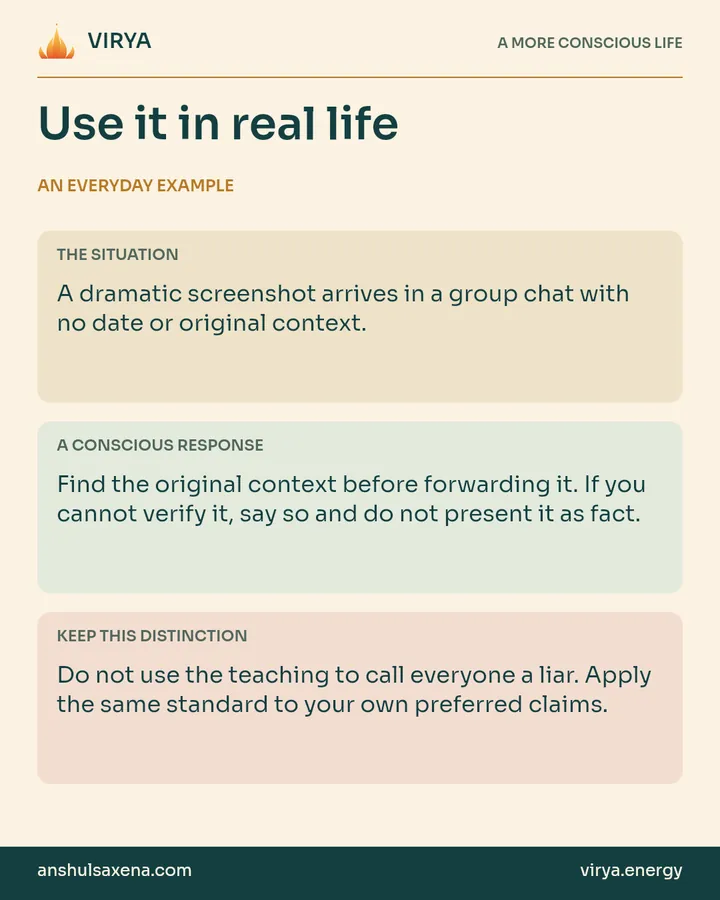 Three panels distinguish an everyday situation, a deliberate response and an important boundary. A dramatic screenshot arrives in a group chat with no date or original context.