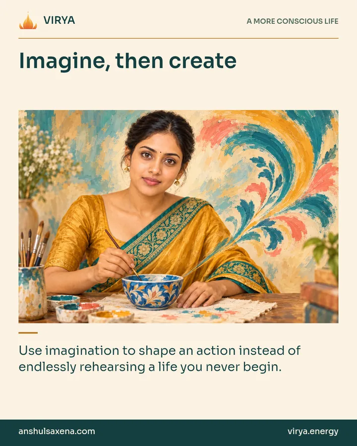 Painting of the recurring young adult Indian woman in an embroidered silk saree, illustrating directed attention and imagination. Imagine, then create. Use imagination to shape an action instead of endlessly rehearsing a life you never begin.