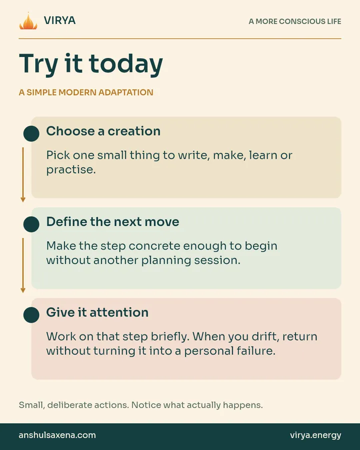 A vertical three-step practice connected by arrows. A simple modern adaptation. Choose a creation: Pick one small thing to write, make, learn or practice.