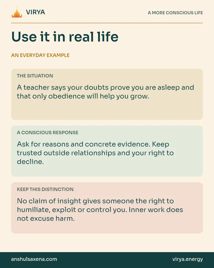 Three panels distinguish an everyday situation, a deliberate response and an important boundary. A teacher says your doubts prove you are asleep and that only obedience will help you grow.
