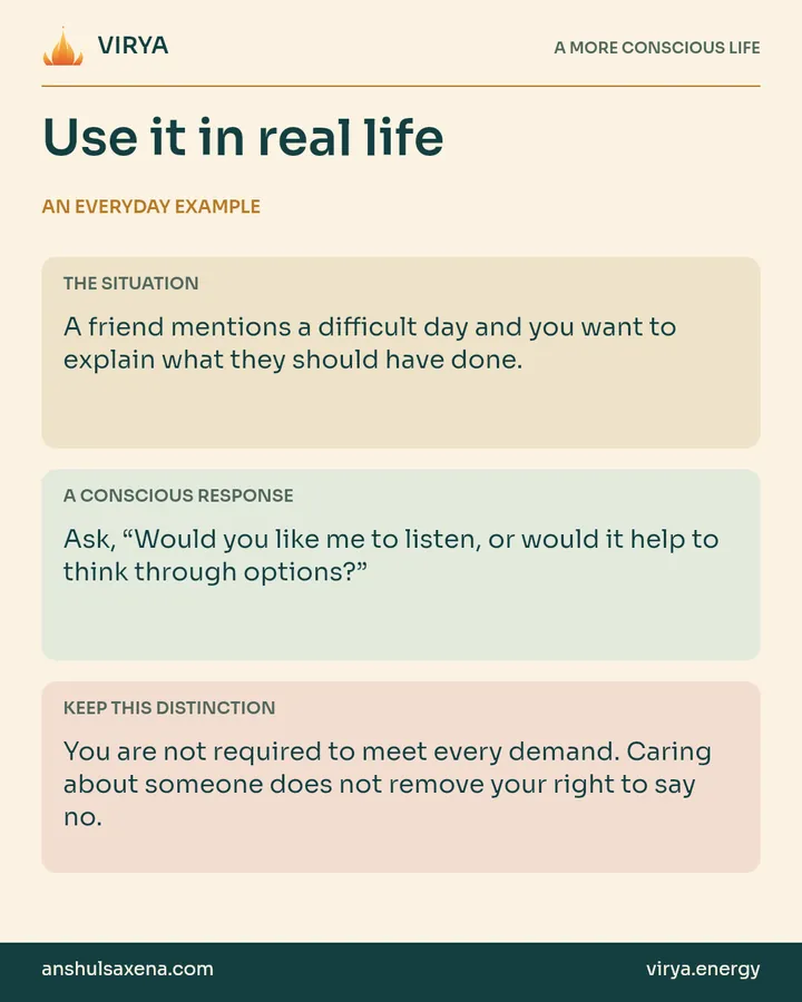 Three panels distinguish an everyday situation, a deliberate response and an important boundary. A friend mentions a difficult day and you want to explain what they should have done.